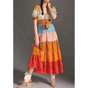 Anthropologie Womens M Floral Patchwork Maxi Dress Tiered & True Orange Blue